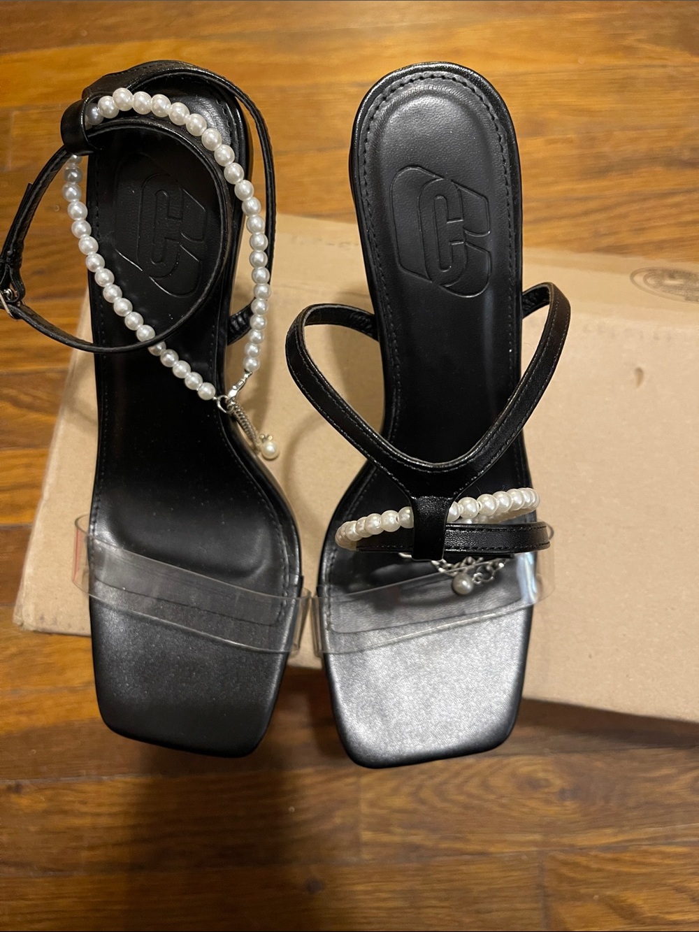 Pearl-Embellished Black Strappy Heels